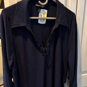 Allison Brittney Navy Blue Lace-Up Midi Dress